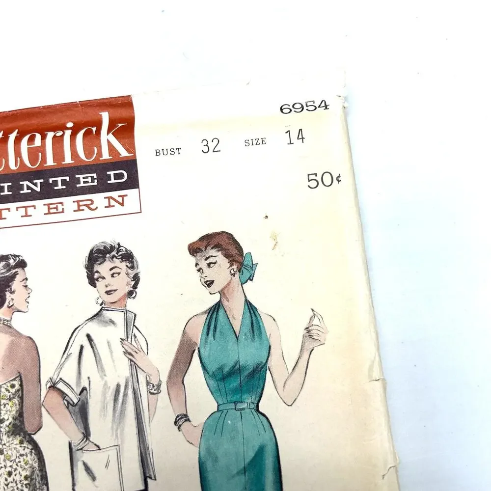 Butterick Vintage 1950's Pattern #6954 Women's Halter Dress And Box Jacket Sz 14